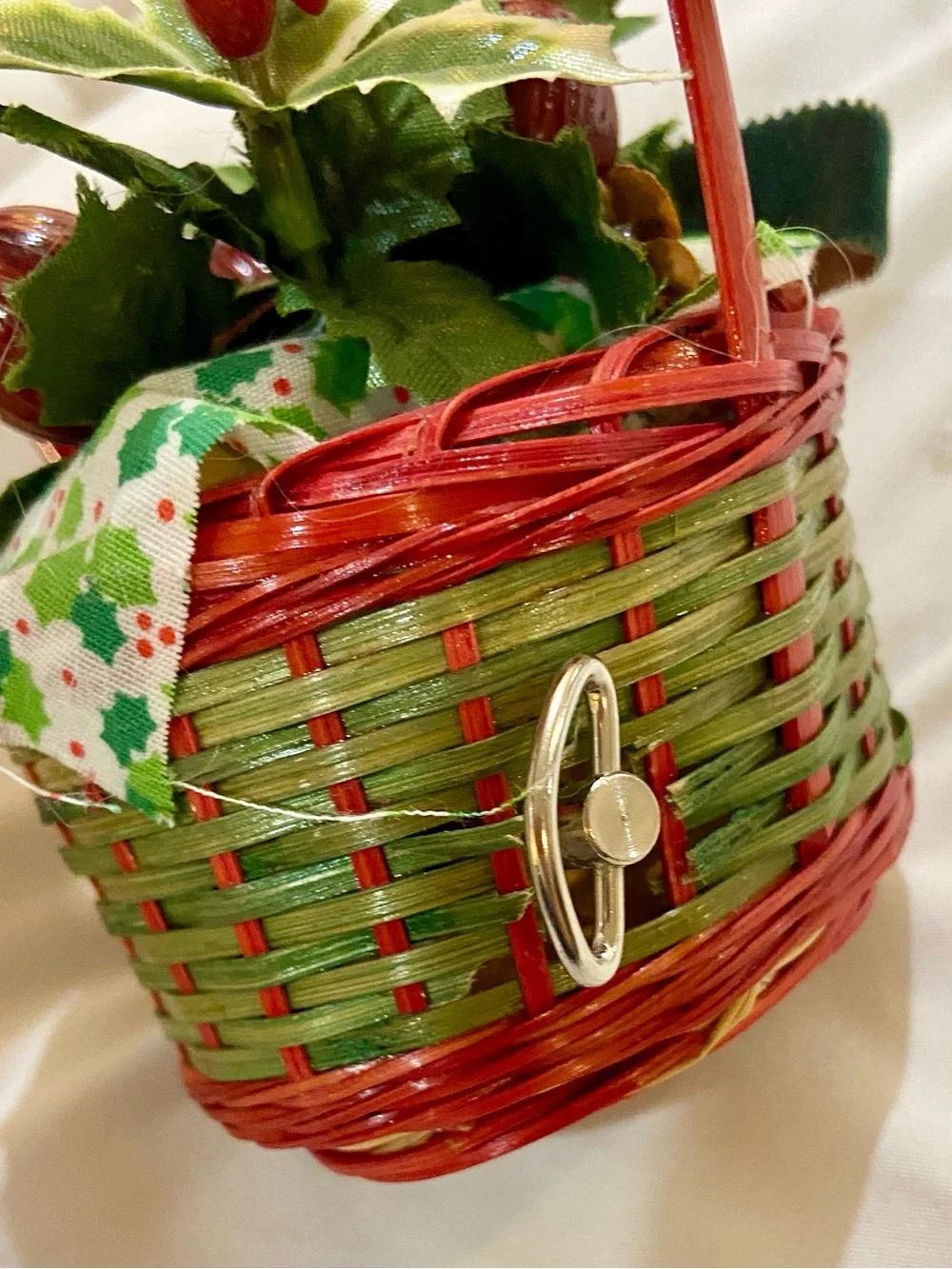 Vintage musical Christmas Holiday ornament wicker basket Holly and Berries